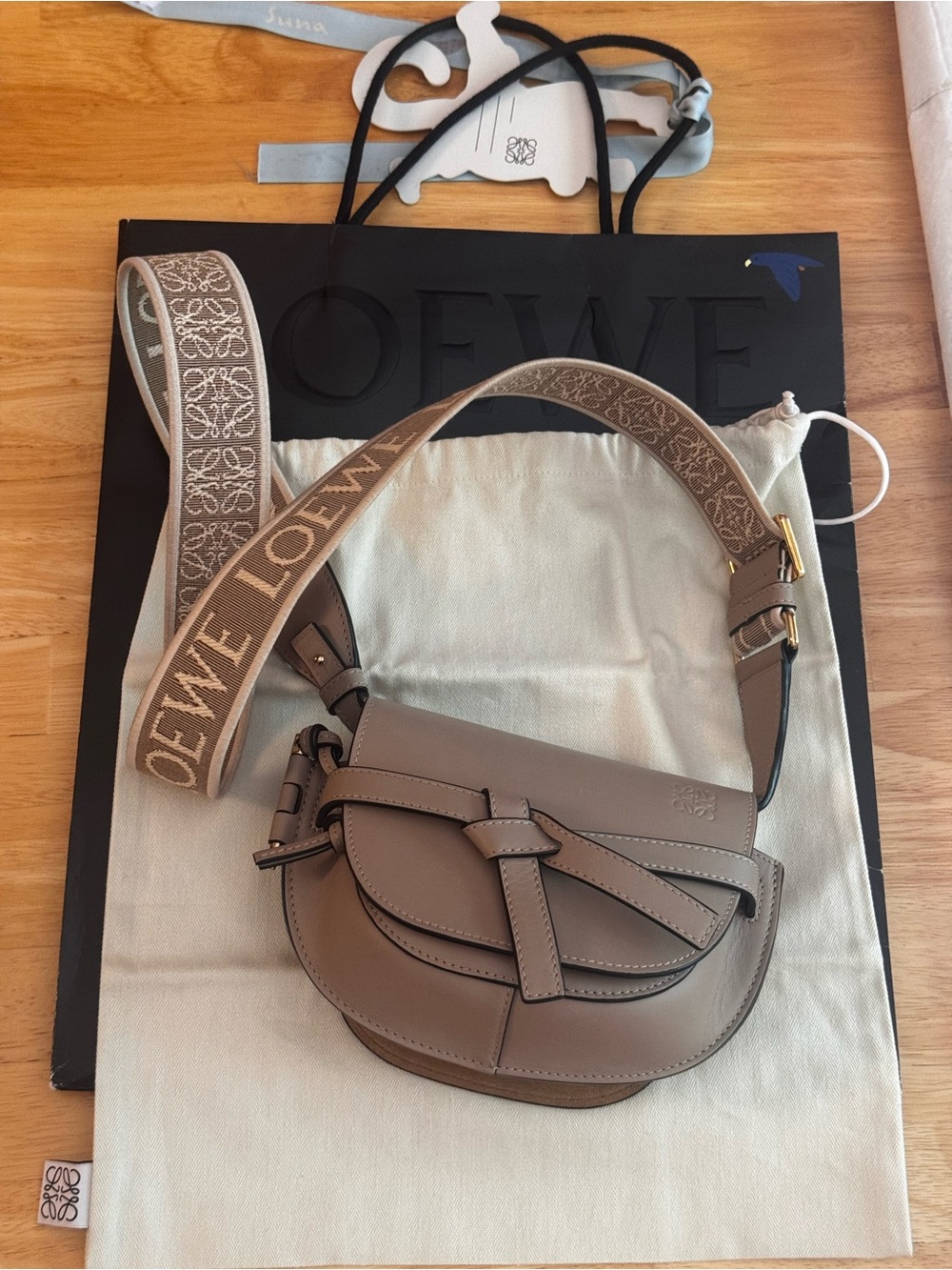 Loewe Taupe Gate Small Saddle Crossbody with Branded Webbing Strap